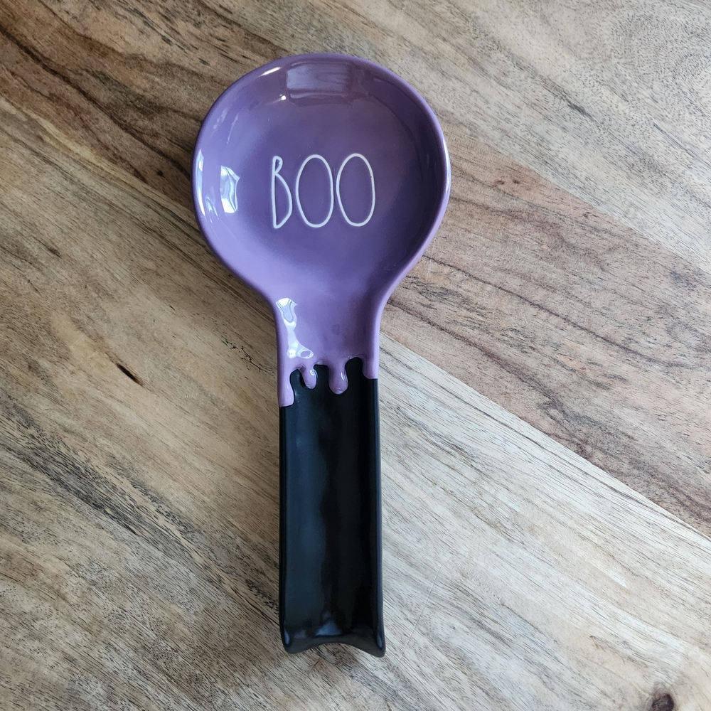 Rae Dunn Purple and Black "BOO" Halloween Spoon Rest NWOT